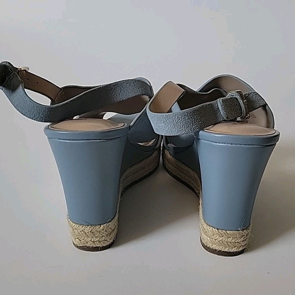 H Halston Stella Slingback Sandals 8.5M Powder Blue Suede Chambray Wedge Heel - Picture 4 of 16